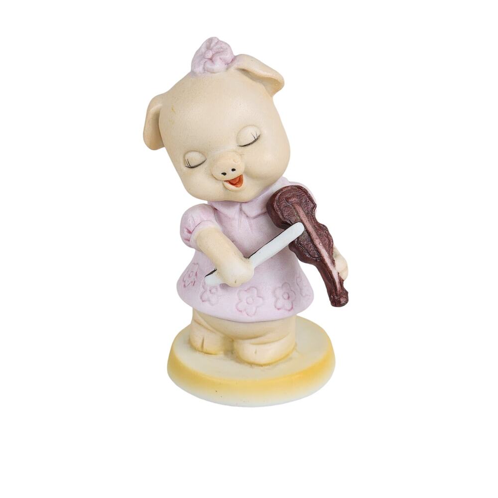 Mini Pig Piggy Playing Violin w/ Pink Dress 4" Figurine Porcelain 80's Flambro